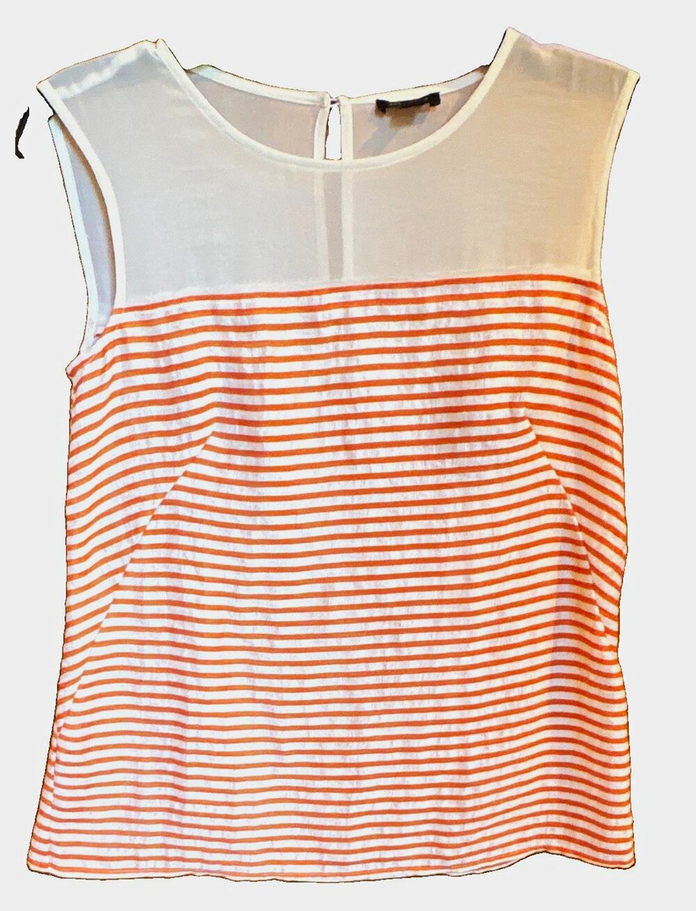 Ann Taylor Women’s Striped Tank Top White/Orange Pleated Round Neck Cotton 0